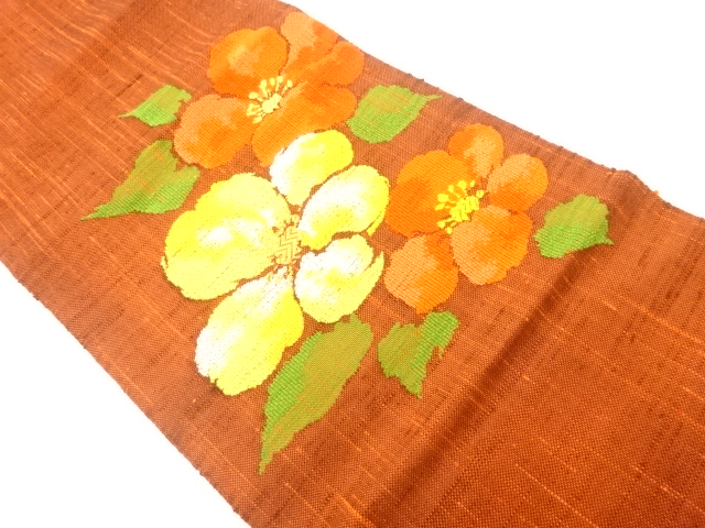 JAPANESE KIMONO / VINTAGE NAGOYA OBI / SILK / HAND WOVEN / MAWATA TSUMUGI / FLOWERS